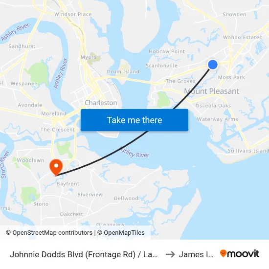 Johnnie Dodds Blvd (Frontage Rd) / Lake Hunter Circle to James Island map