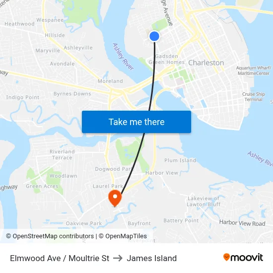 Elmwood Ave / Moultrie St to James Island map