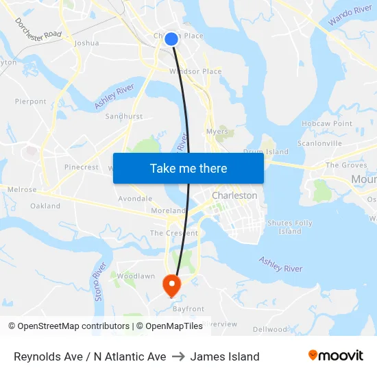 Reynolds Ave / N Atlantic Ave to James Island map