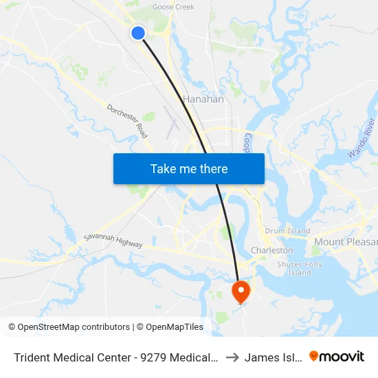 Trident Medical Center - 9279 Medical Plaza Dr to James Island map