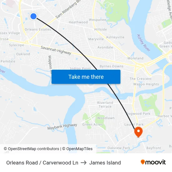 Orleans Road / Carverwood Ln to James Island map