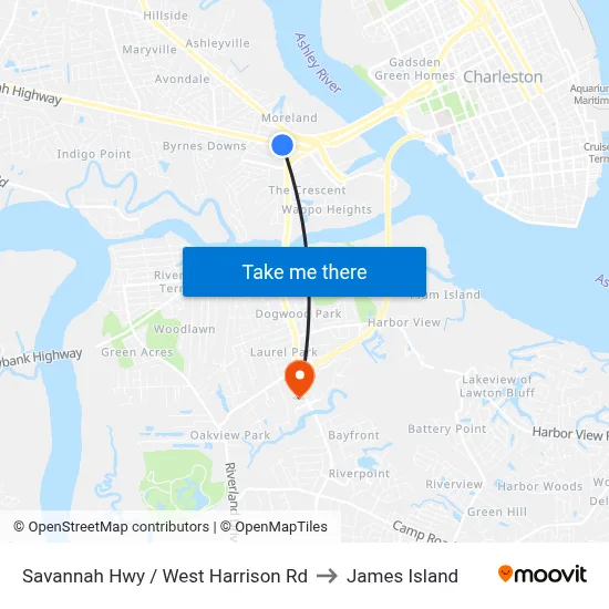 Savannah Hwy / West Harrison Rd to James Island map