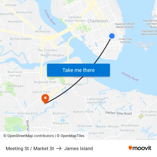 Meeting St / Market St to James Island map