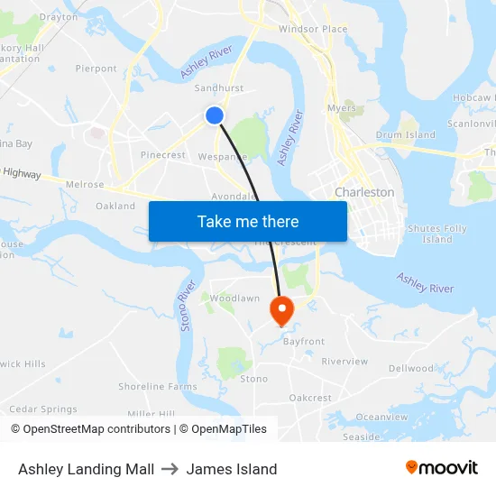Ashley Landing Mall to James Island map
