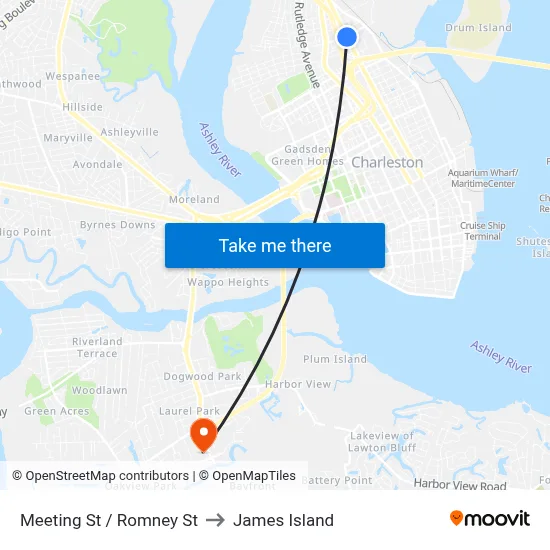 Meeting St / Romney St to James Island map