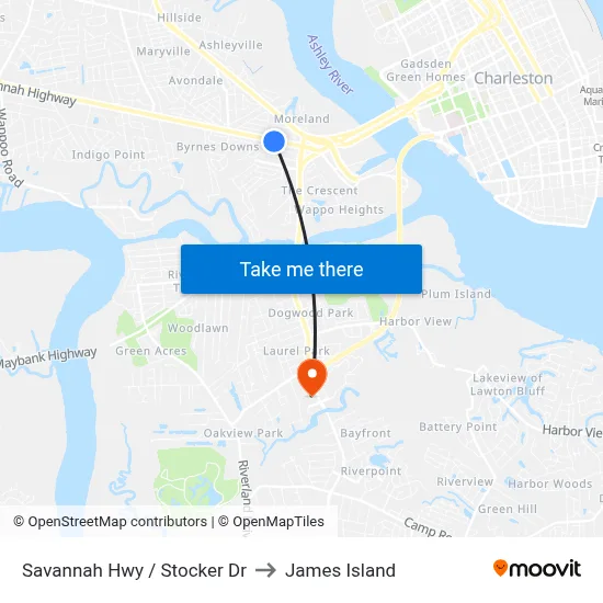 Savannah Hwy / Stocker Dr to James Island map