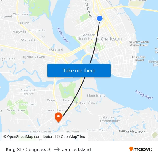 King St / Congress St to James Island map