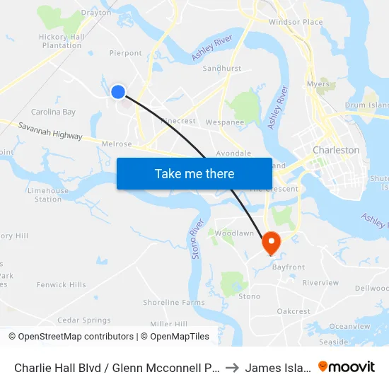 Charlie Hall Blvd / Glenn Mcconnell Pkwy to James Island map