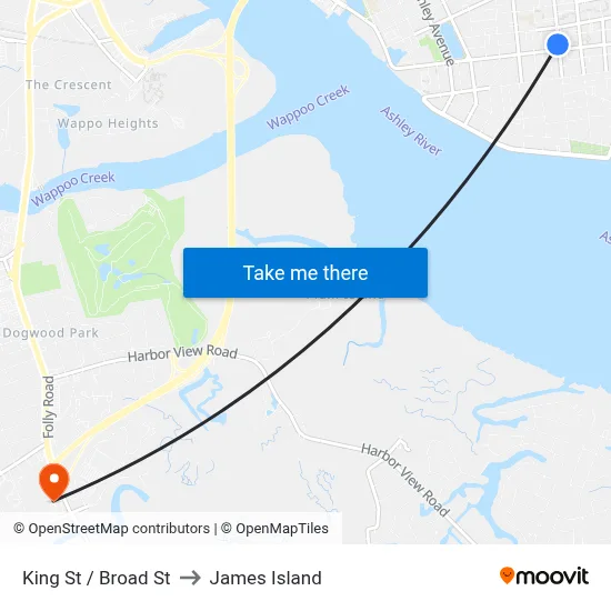 King St / Broad St to James Island map
