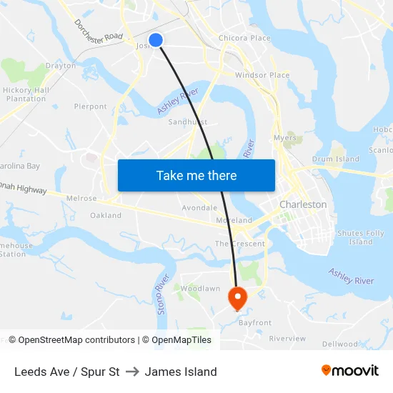 Leeds Ave / Spur St to James Island map