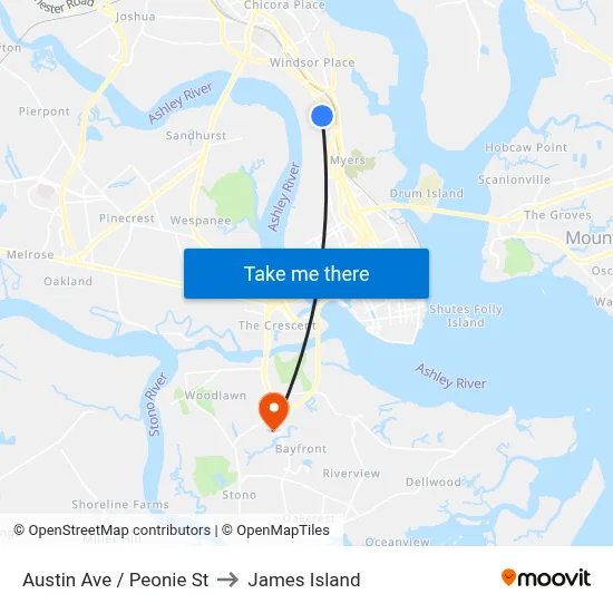 Austin Ave / Peonie St to James Island map