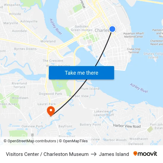 Visitors Center / Charleston Museum to James Island map