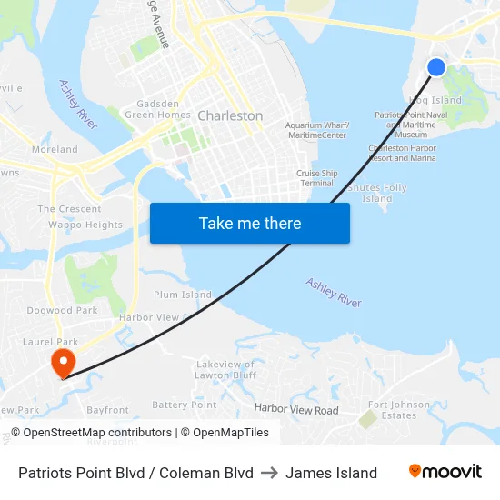 Patriots Point Blvd / Coleman Blvd to James Island map
