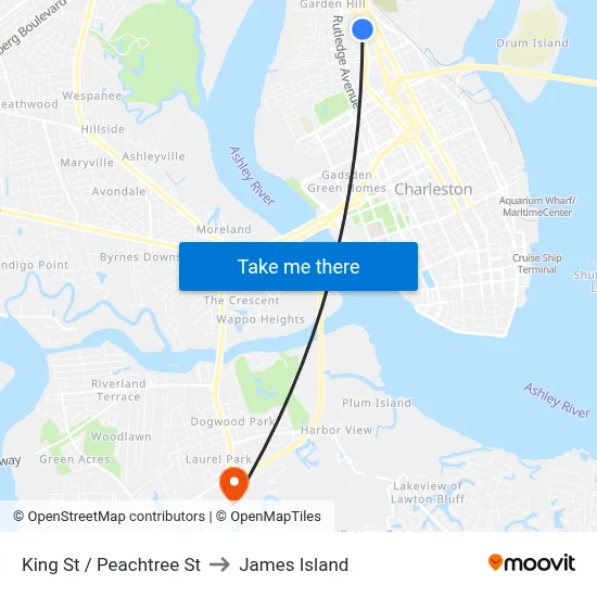 King St / Peachtree St to James Island map