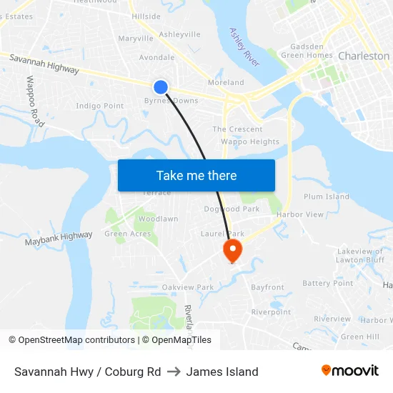 Savannah Hwy / Coburg Rd to James Island map