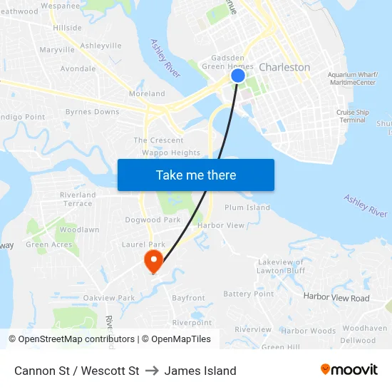 Cannon St / Wescott St to James Island map