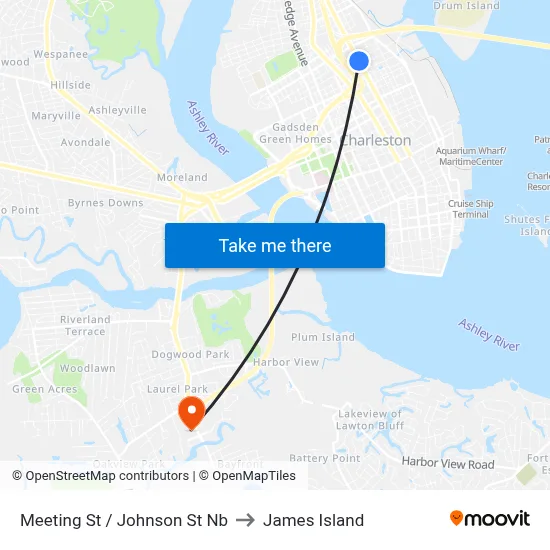 Meeting St / Johnson St Nb to James Island map