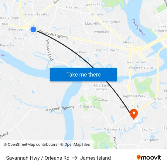 Savannah Hwy / Orleans Rd to James Island map
