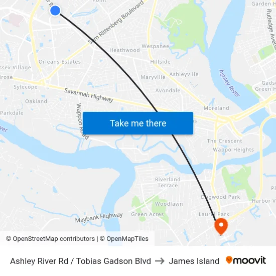 Ashley River Rd / Tobias Gadson Blvd to James Island map