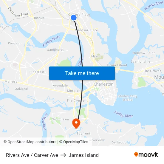 Rivers Ave / Carver Ave to James Island map