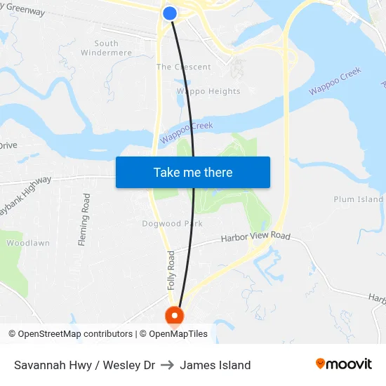 Savannah Hwy / Wesley Dr to James Island map