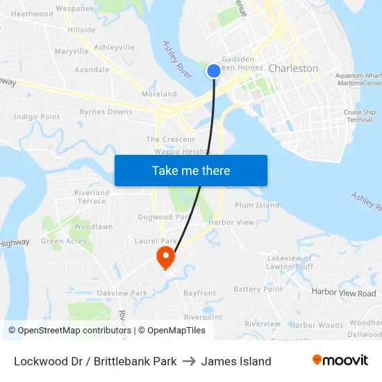 Lockwood Dr / Brittlebank Park to James Island map