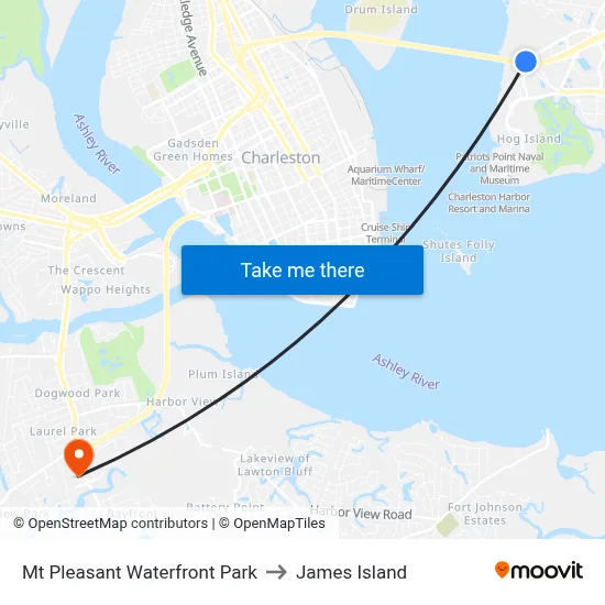 Mt Pleasant Waterfront Park to James Island map