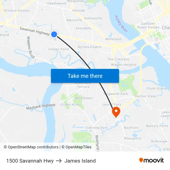 1500 Savannah Hwy to James Island map