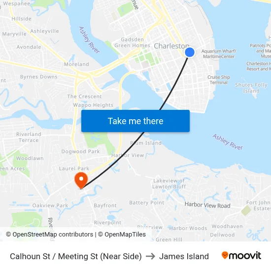 Calhoun St / Meeting St (Near Side) to James Island map