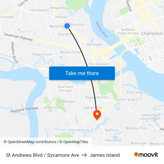 St Andrews Blvd / Sycamore Ave to James Island map