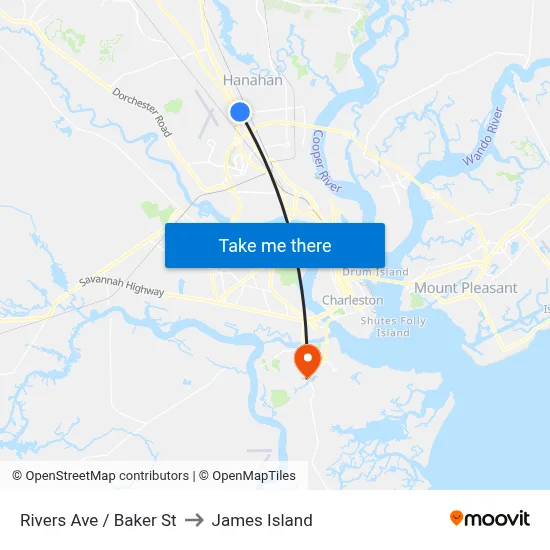 Rivers Ave / Baker St to James Island map