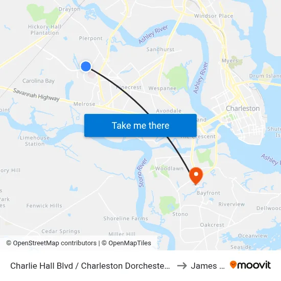 Charlie Hall Blvd / Charleston Dorchester Mental Health Center to James Island map