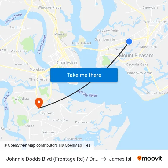 Johnnie Dodds Blvd (Frontage Rd) / Dragoon Dr to James Island map