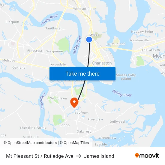 Mt Pleasant St / Rutledge Ave to James Island map