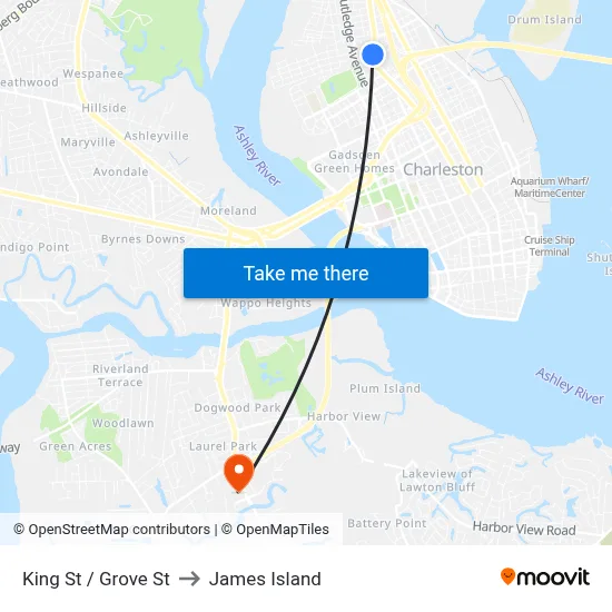 King St / Grove St to James Island map