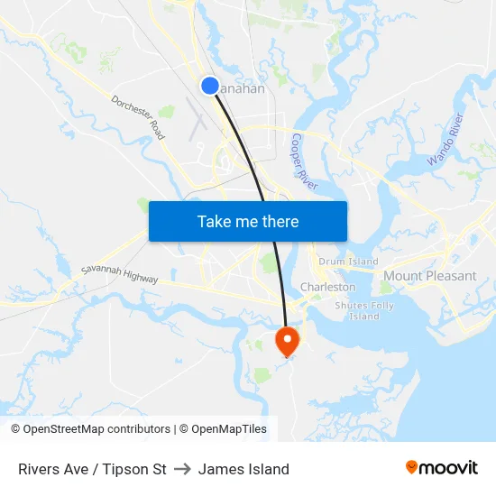 Rivers Ave / Tipson St to James Island map