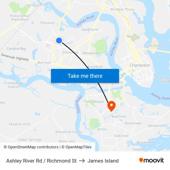 Ashley River Rd / Richmond St to James Island map