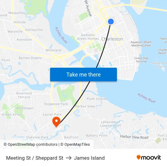 Meeting St / Sheppard St to James Island map