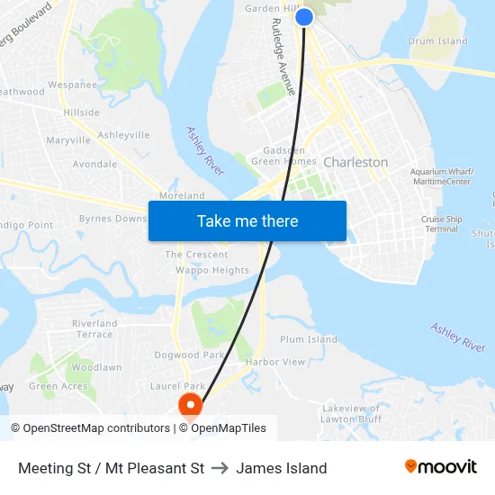 Meeting St / Mt Pleasant St to James Island map