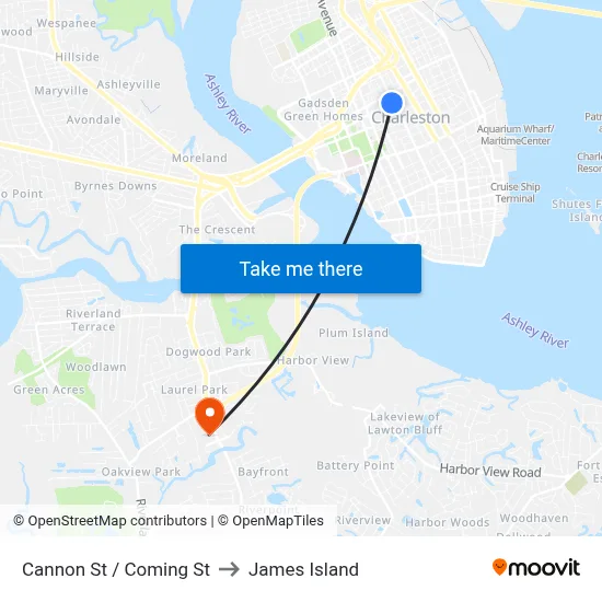 Cannon St / Coming St to James Island map
