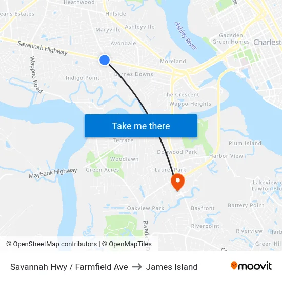 Savannah Hwy / Farmfield Ave to James Island map