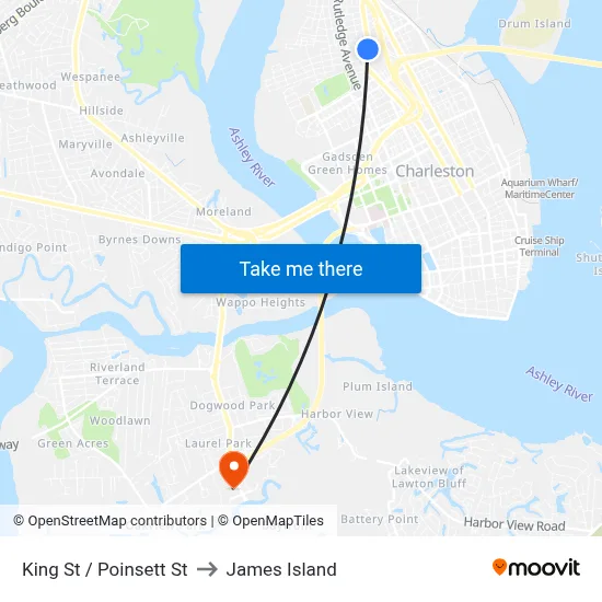 King St / Poinsett St to James Island map