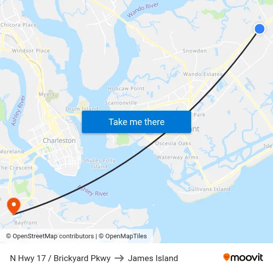N Hwy 17 / Brickyard Pkwy to James Island map