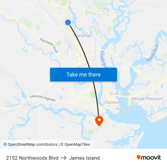 2152 Northwoods Blvd to James Island map