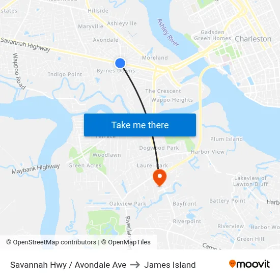 Savannah Hwy / Avondale Ave to James Island map