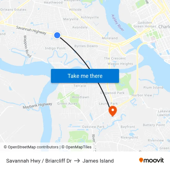 Savannah Hwy / Briarcliff Dr to James Island map