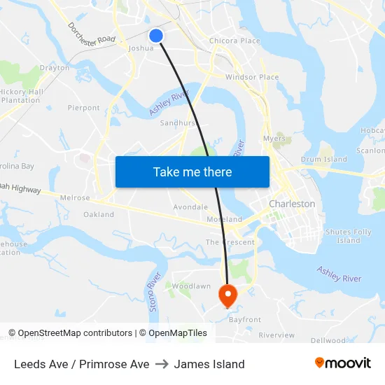 Leeds Ave / Primrose Ave to James Island map