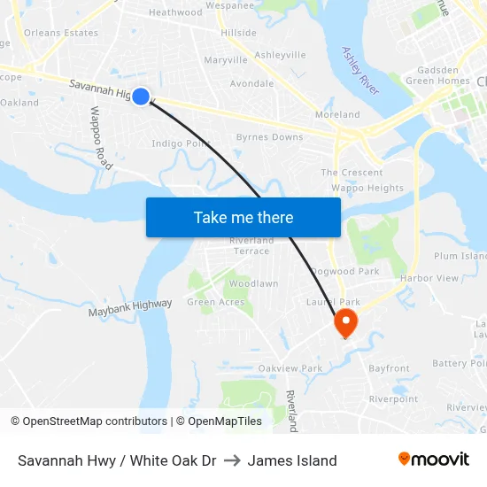 Savannah Hwy / White Oak Dr to James Island map