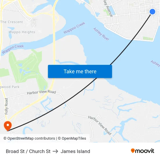 Broad St / Church St to James Island map