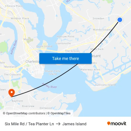 Six Mile Rd / Tea Planter Ln to James Island map